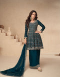 Teal Blue Chinnon Silk Palazzo Suit with Embroidery Dupatta