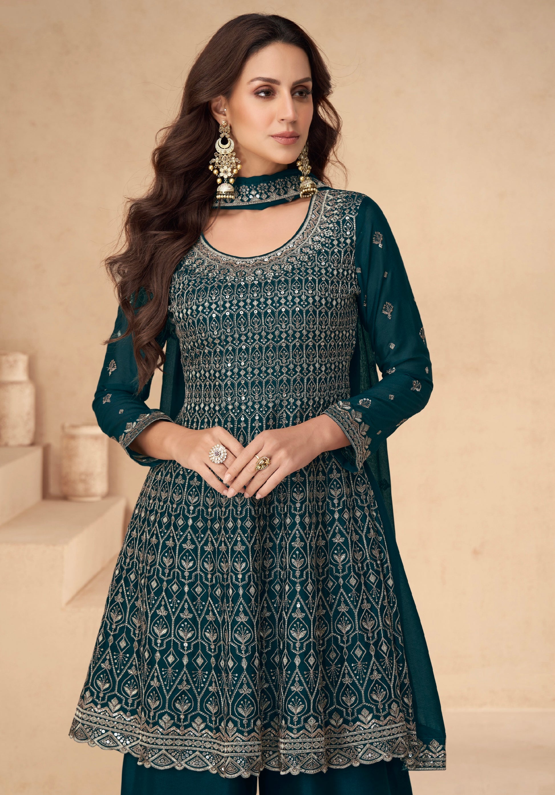 Teal Blue Chinnon Silk Palazzo Suit with Embroidery Dupatta