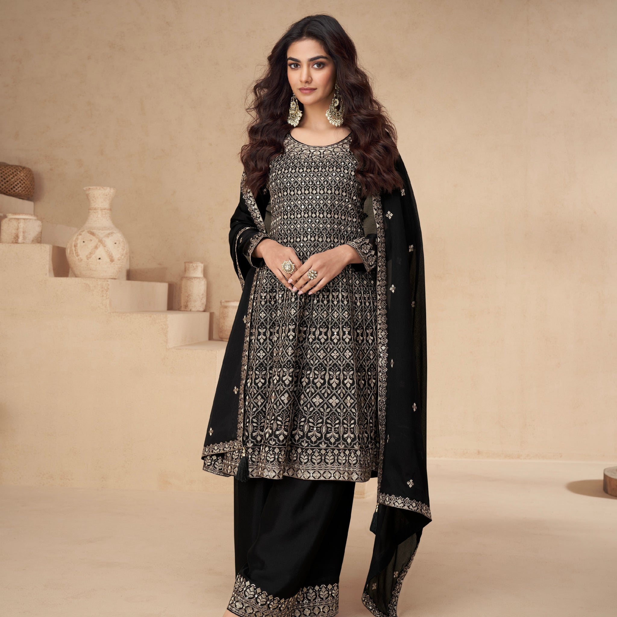 Black Chinnon Silk Palazzo Suit with Embroidery Dupatta