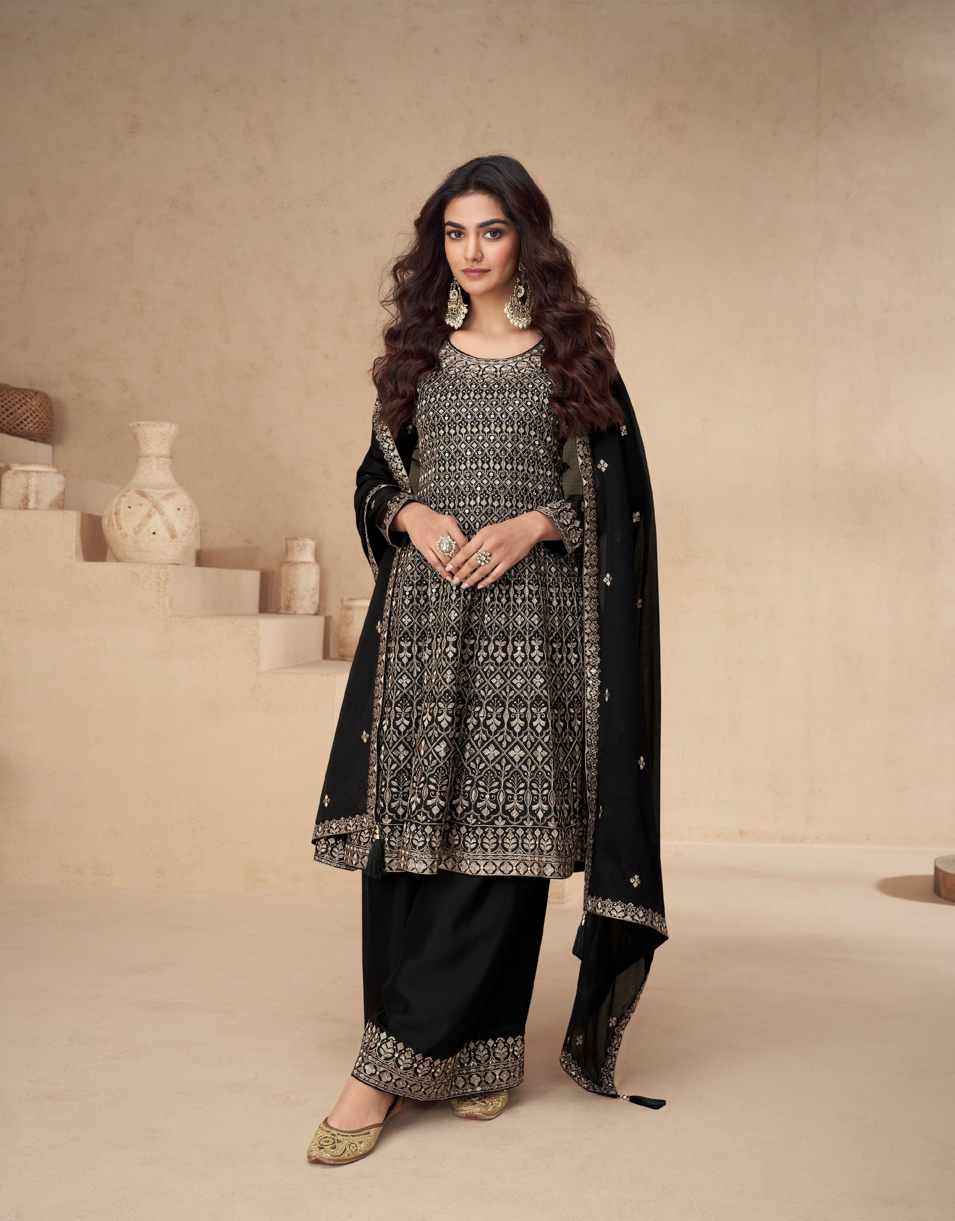 Black Chinnon Silk Palazzo Suit with Embroidery Dupatta