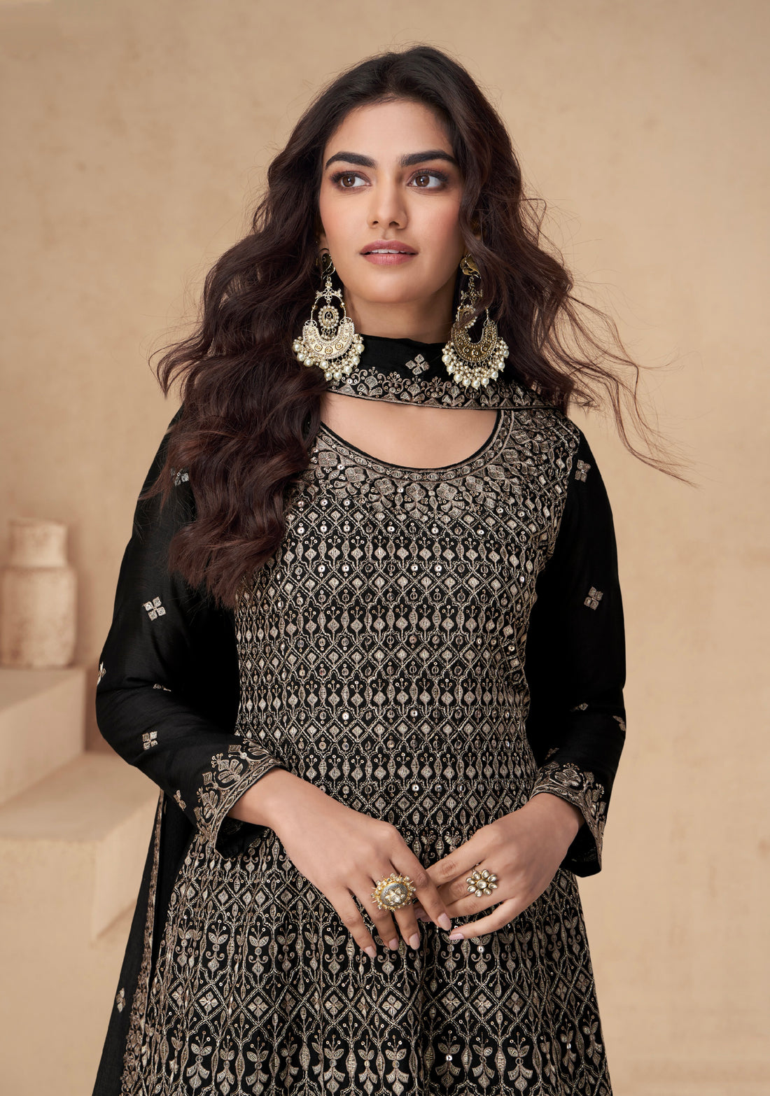 Black Chinnon Silk Palazzo Suit with Embroidery Dupatta