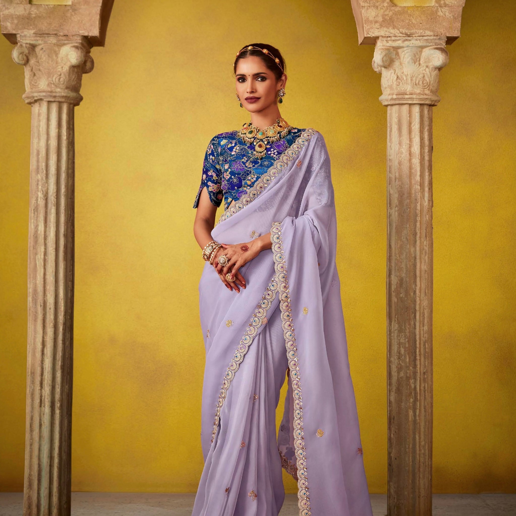 Lavender Glass Tissue Saree with Sequins Butti & Digital Print Blouse