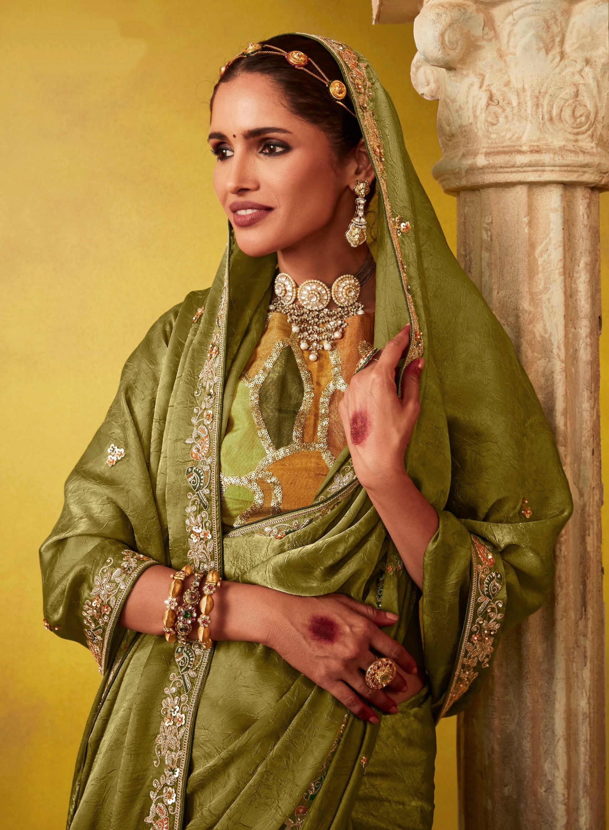 Olive Green Glass Tissue Saree with Thread Embroidery