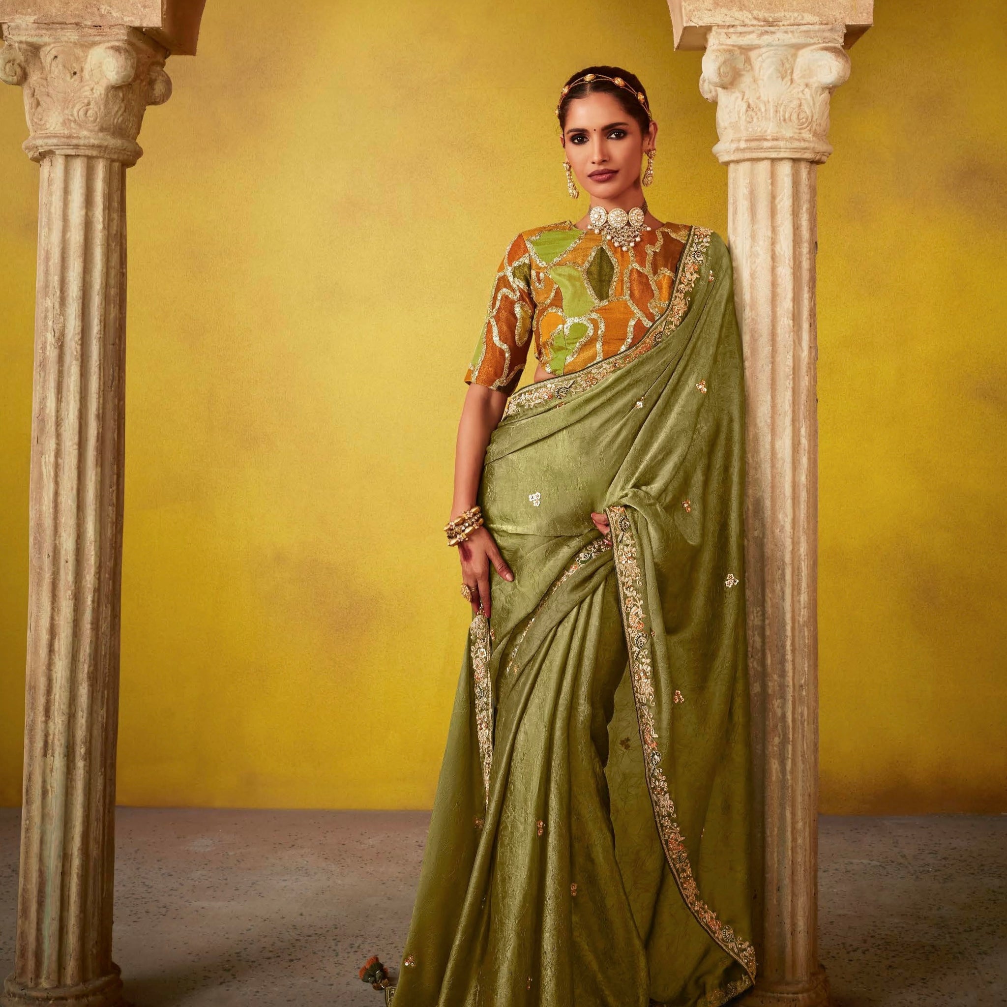 Olive Green Glass Tissue Saree with Thread Embroidery