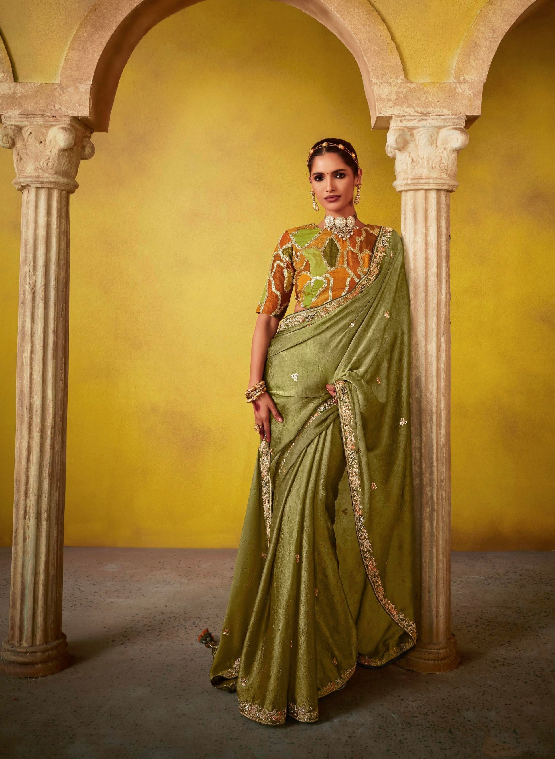 Olive Green Glass Tissue Saree with Thread Embroidery