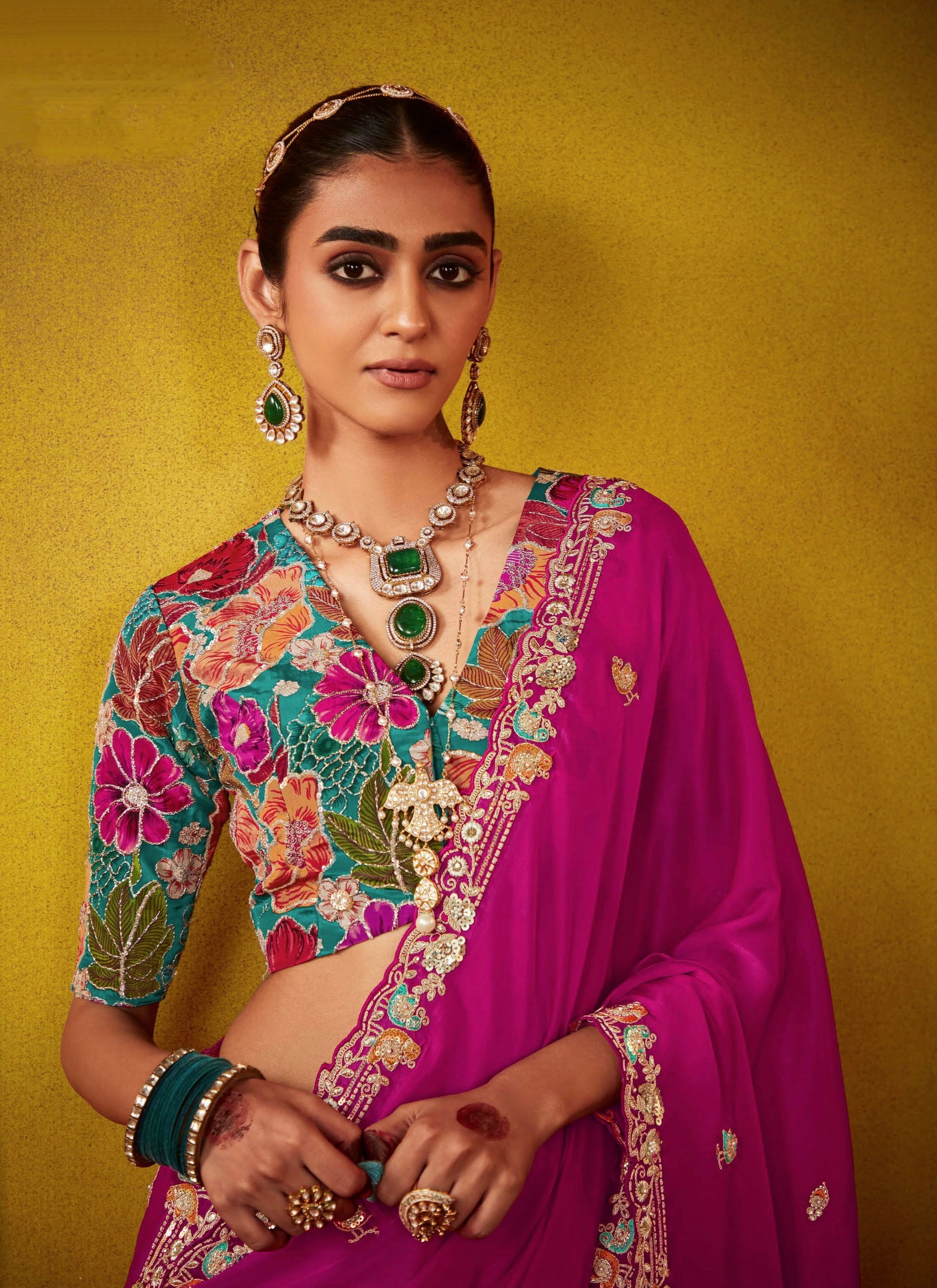 Fuchsia Pink Glass Tissue Saree with Embroidered Blouse