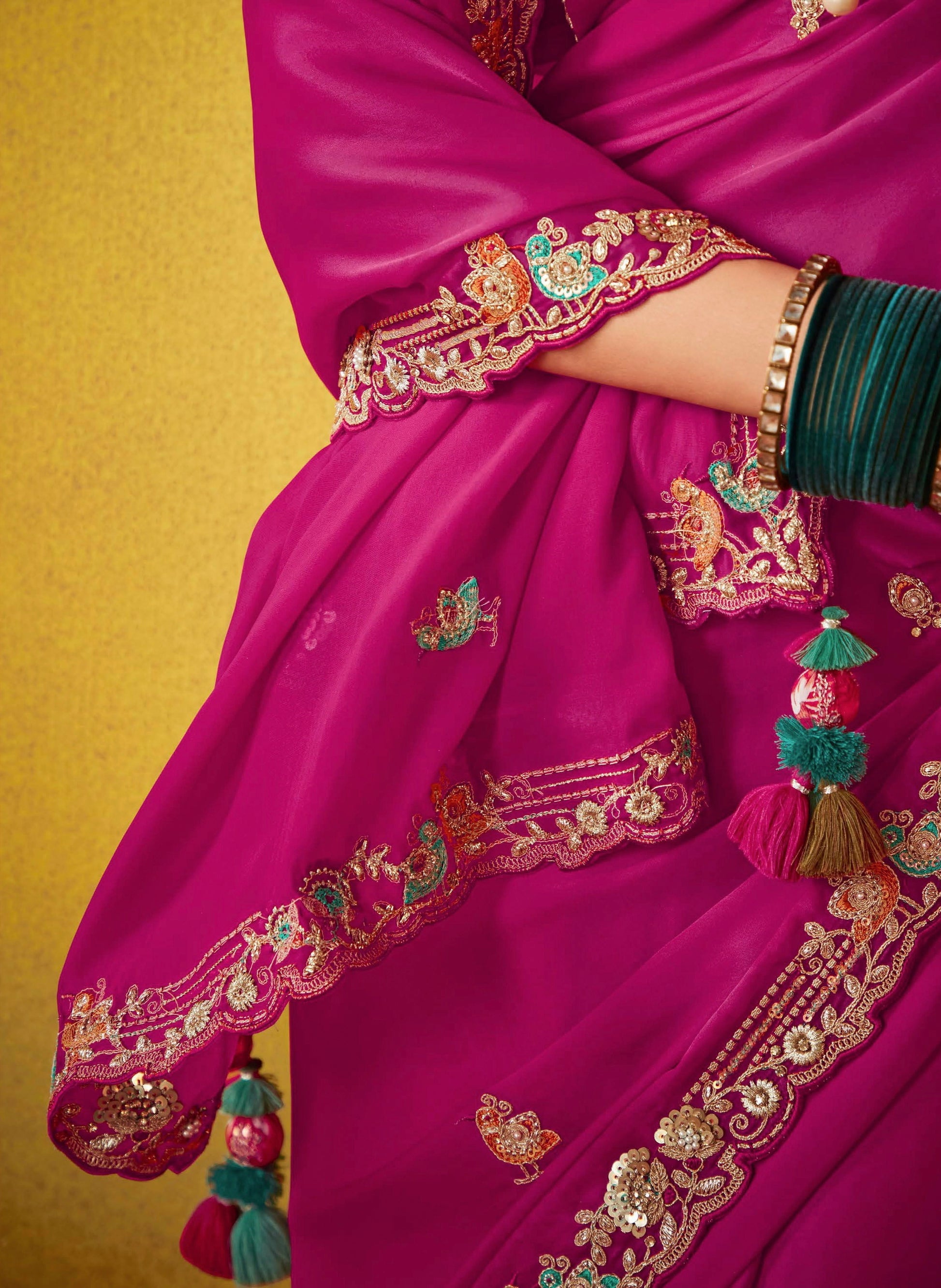 Fuchsia Pink Glass Tissue Saree with Embroidered Blouse