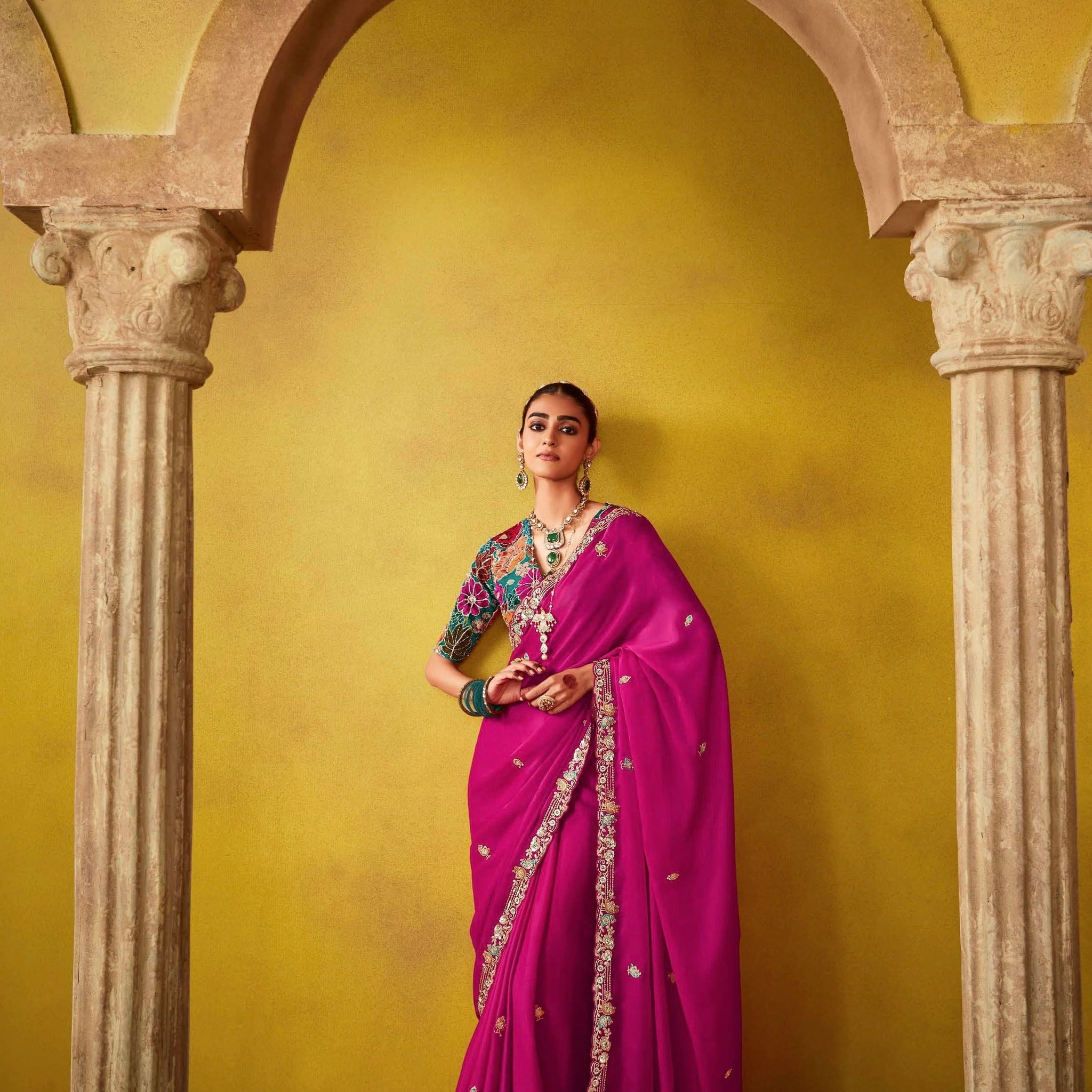 Fuchsia Pink Glass Tissue Saree with Embroidered Blouse