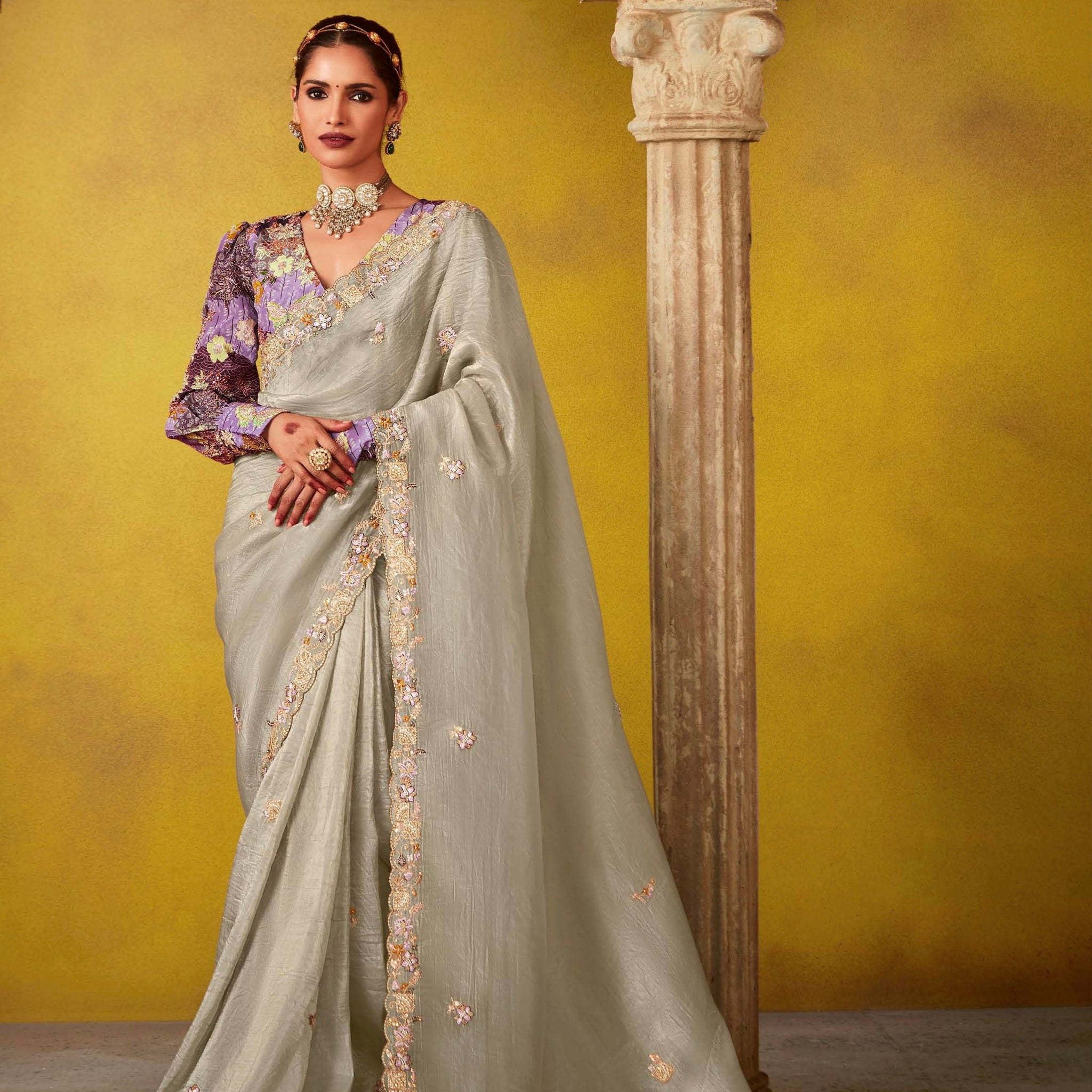 Mist Grey Glass Tissue Saree with Embroidered Border