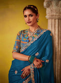 Teal Blue Glass Tissue Saree with Sequins Embroidery