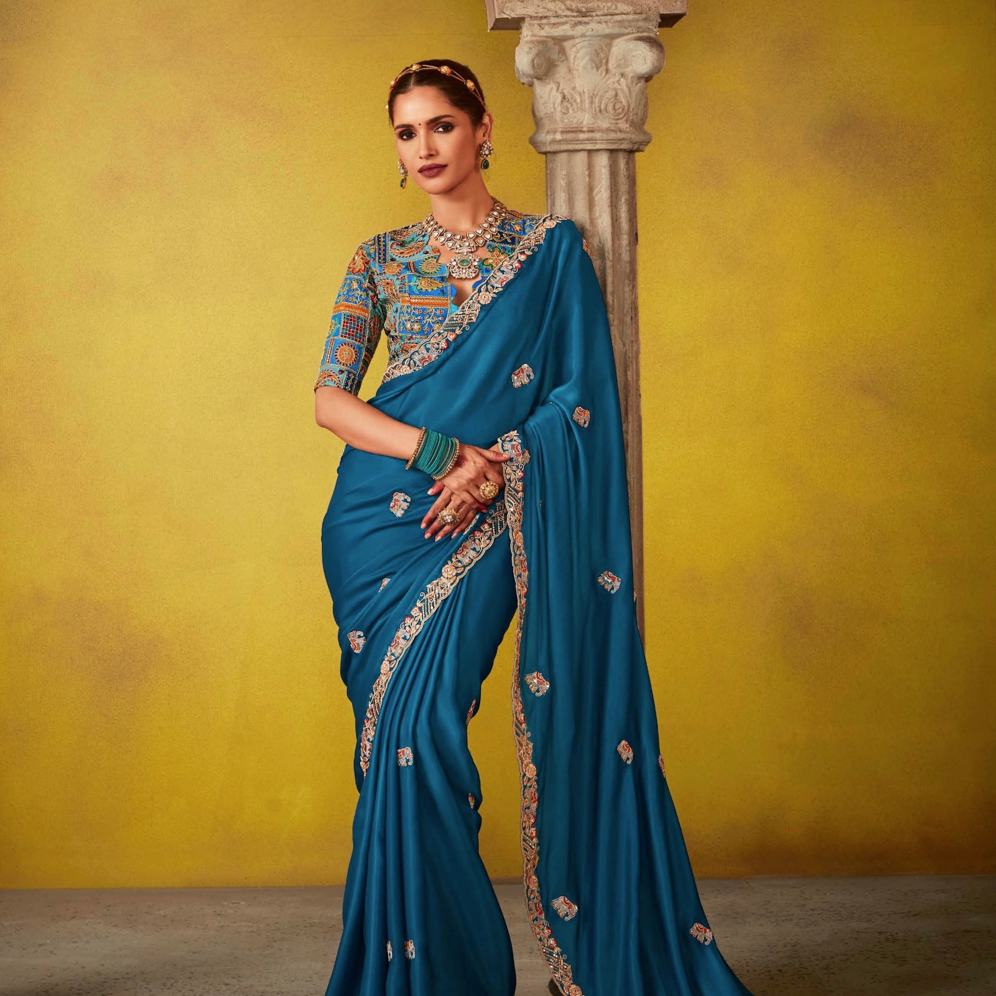 Teal Blue Glass Tissue Saree with Sequins Embroidery