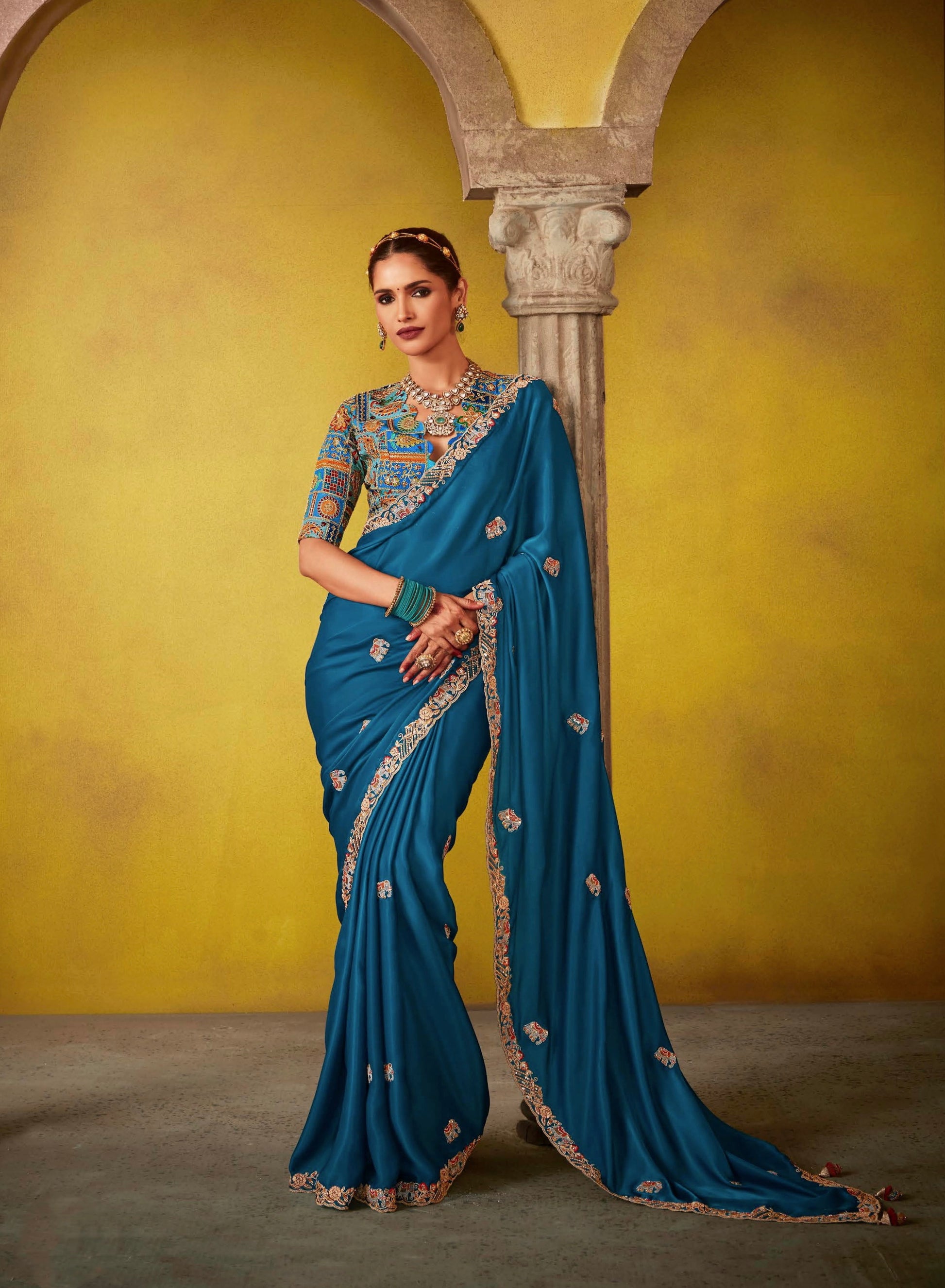 Teal Blue Glass Tissue Saree with Sequins Embroidery