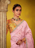 Blush Pink Glass Tissue Saree with Thread Embroidery