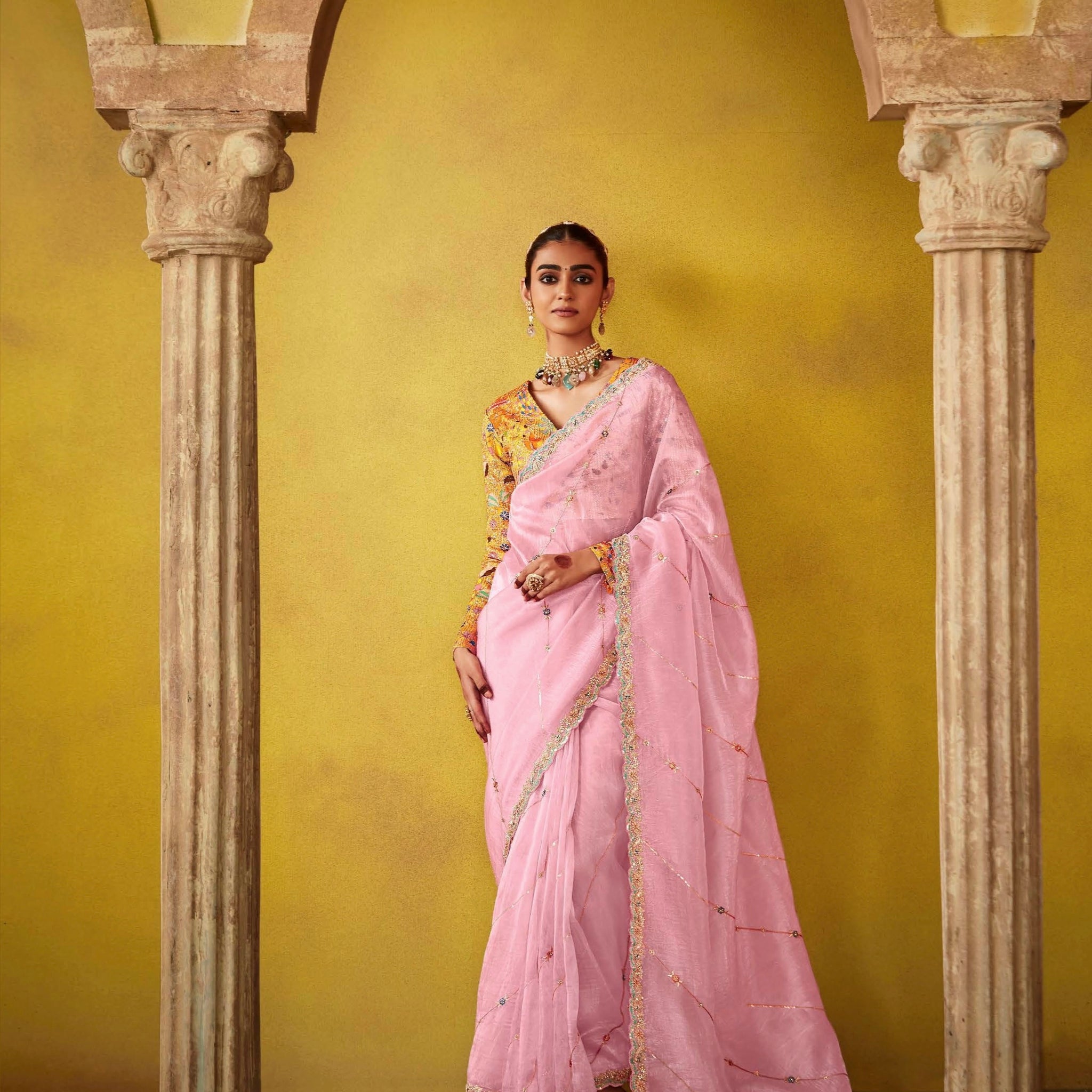 Blush Pink Glass Tissue Saree with Thread Embroidery