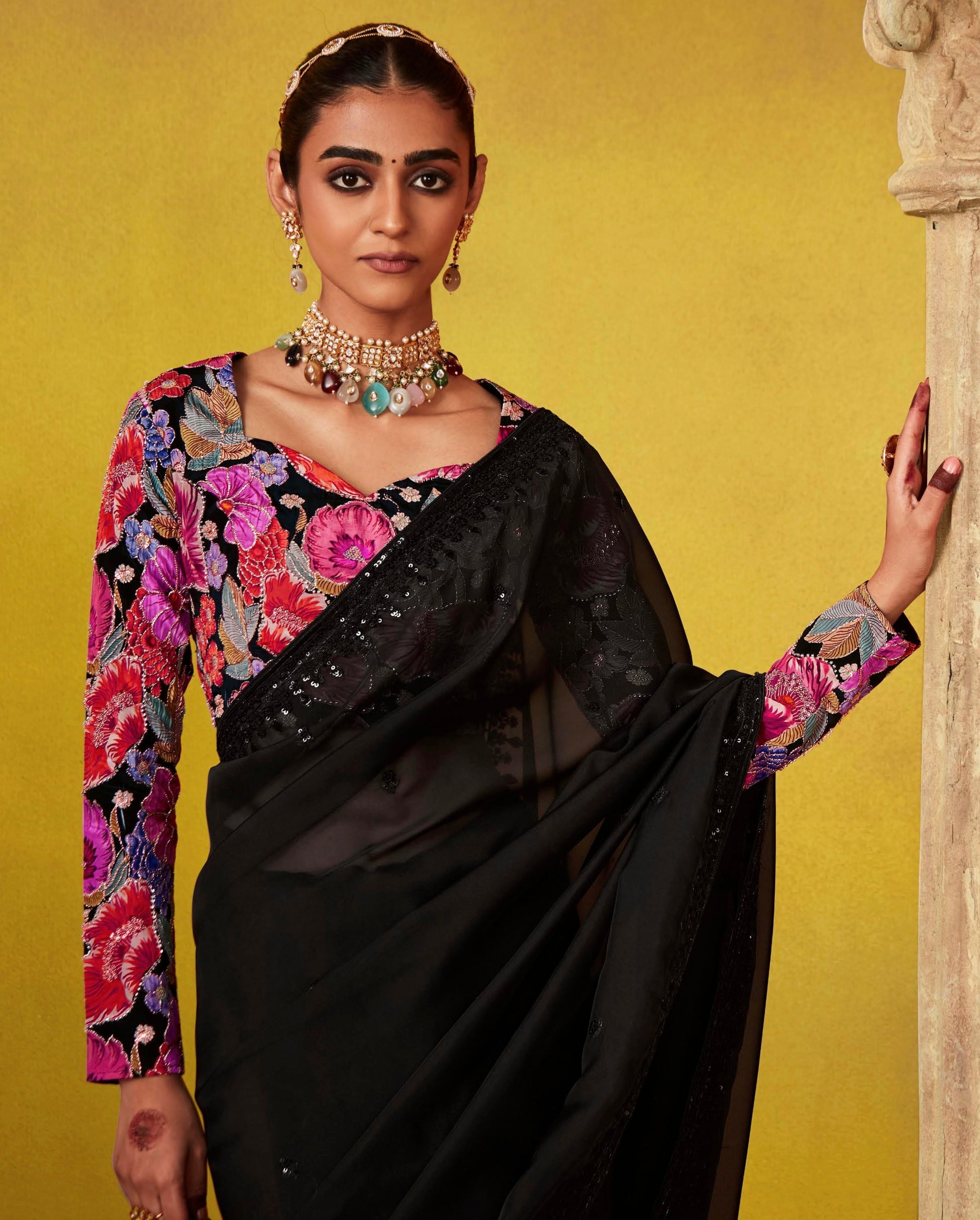 Midnight Black Glass Tissue Saree with Sequins Detailing