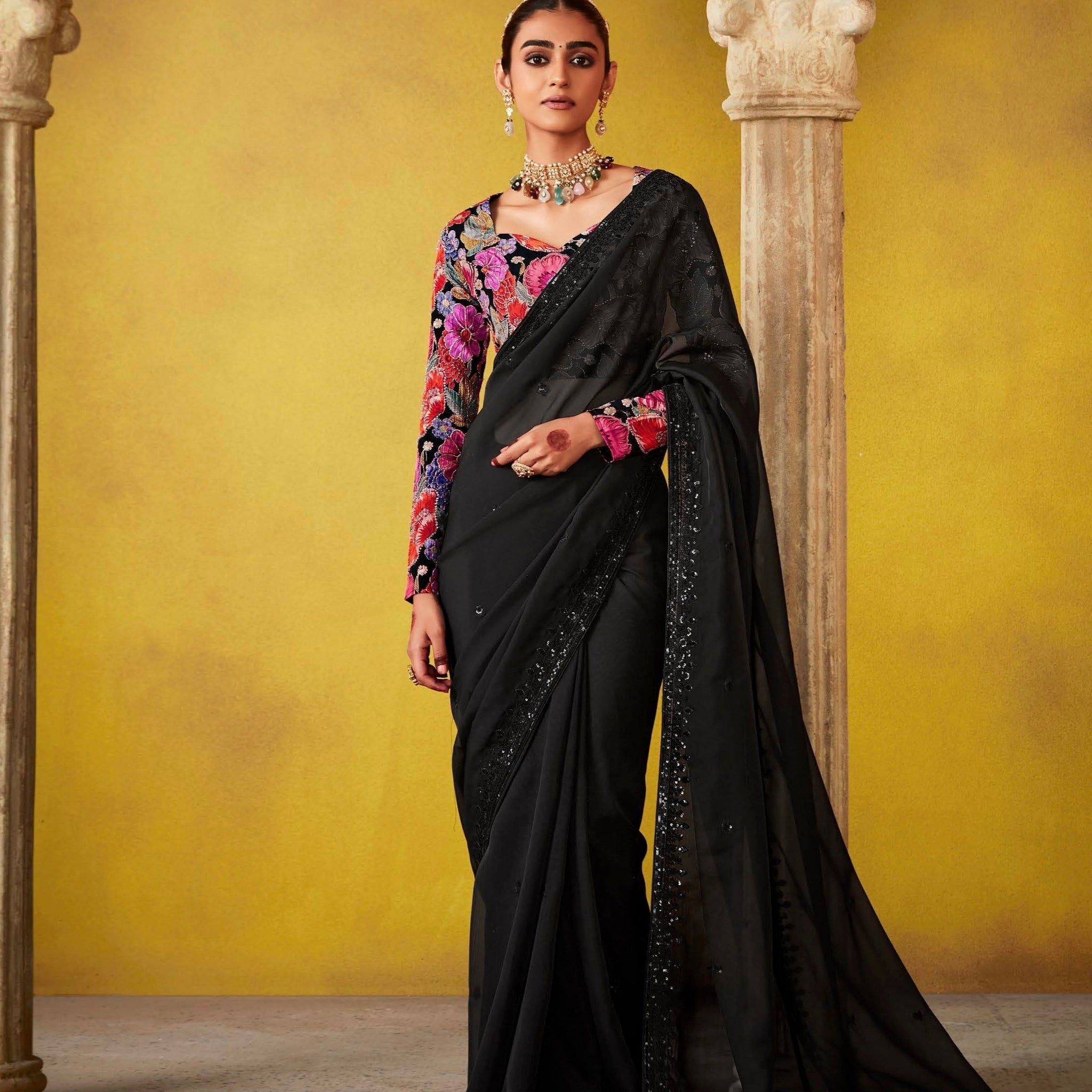 Midnight Black Glass Tissue Saree with Sequins Detailing