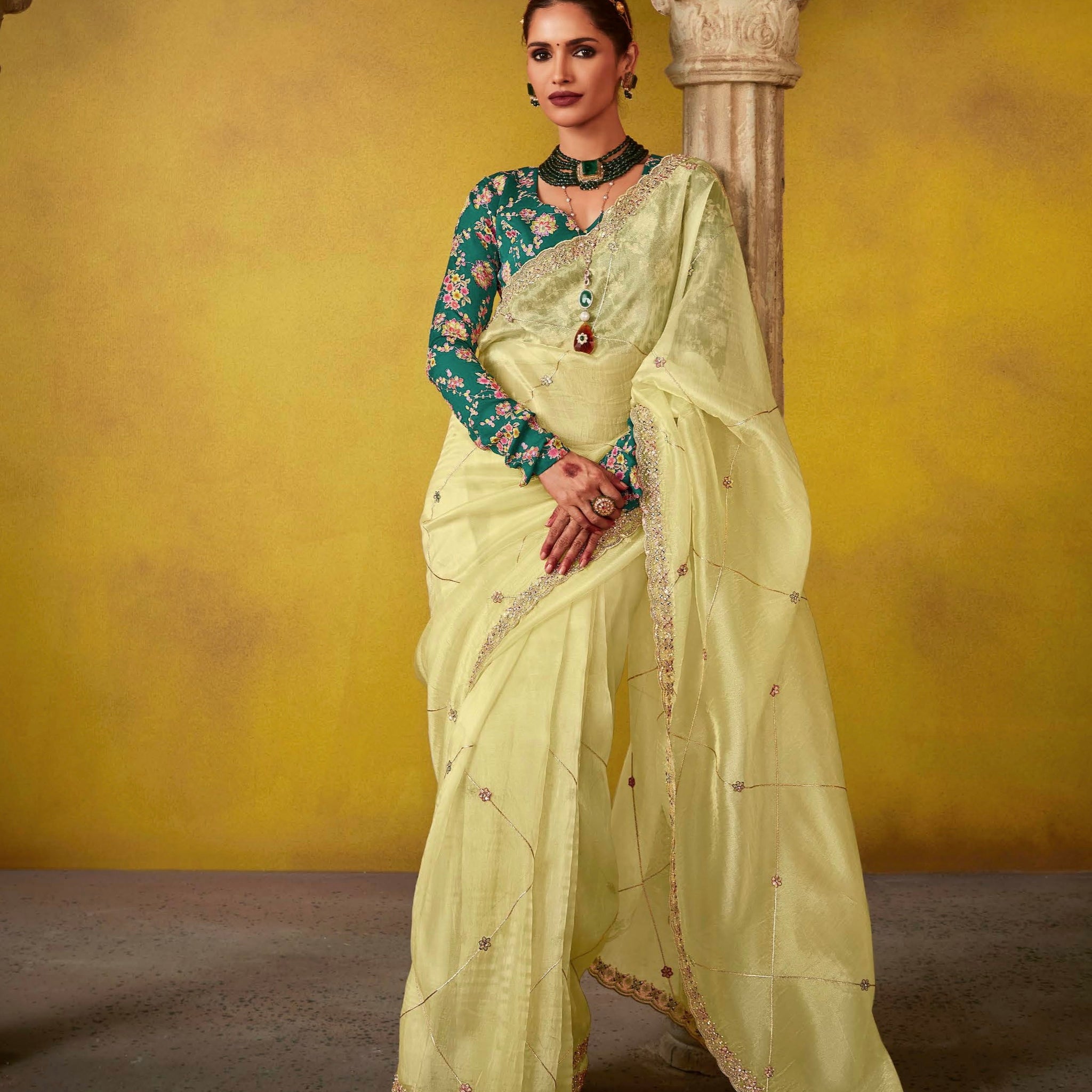 Lime Yellow Glass Tissue Saree with Embroidered Blouse