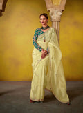 Lime Yellow Glass Tissue Saree with Embroidered Blouse