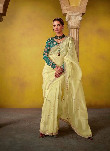 Lime Yellow Glass Tissue Saree with Embroidered Blouse