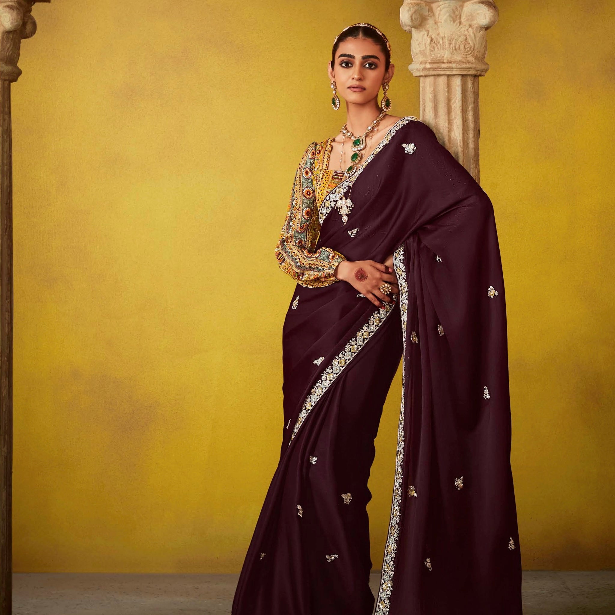 Plum Purple Glass Tissue Saree with Sequins Detailing