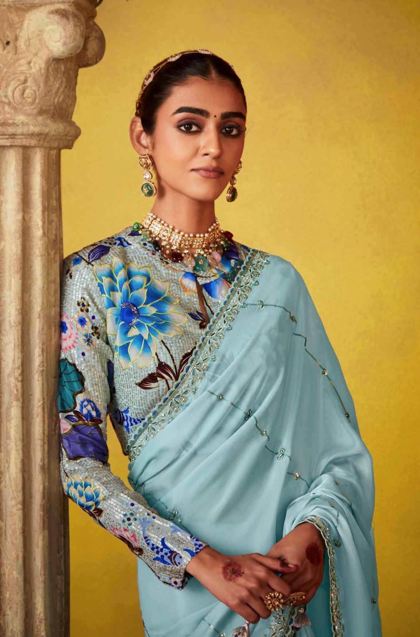 Sky Blue Glass Tissue Saree with Embroidery and Sequins