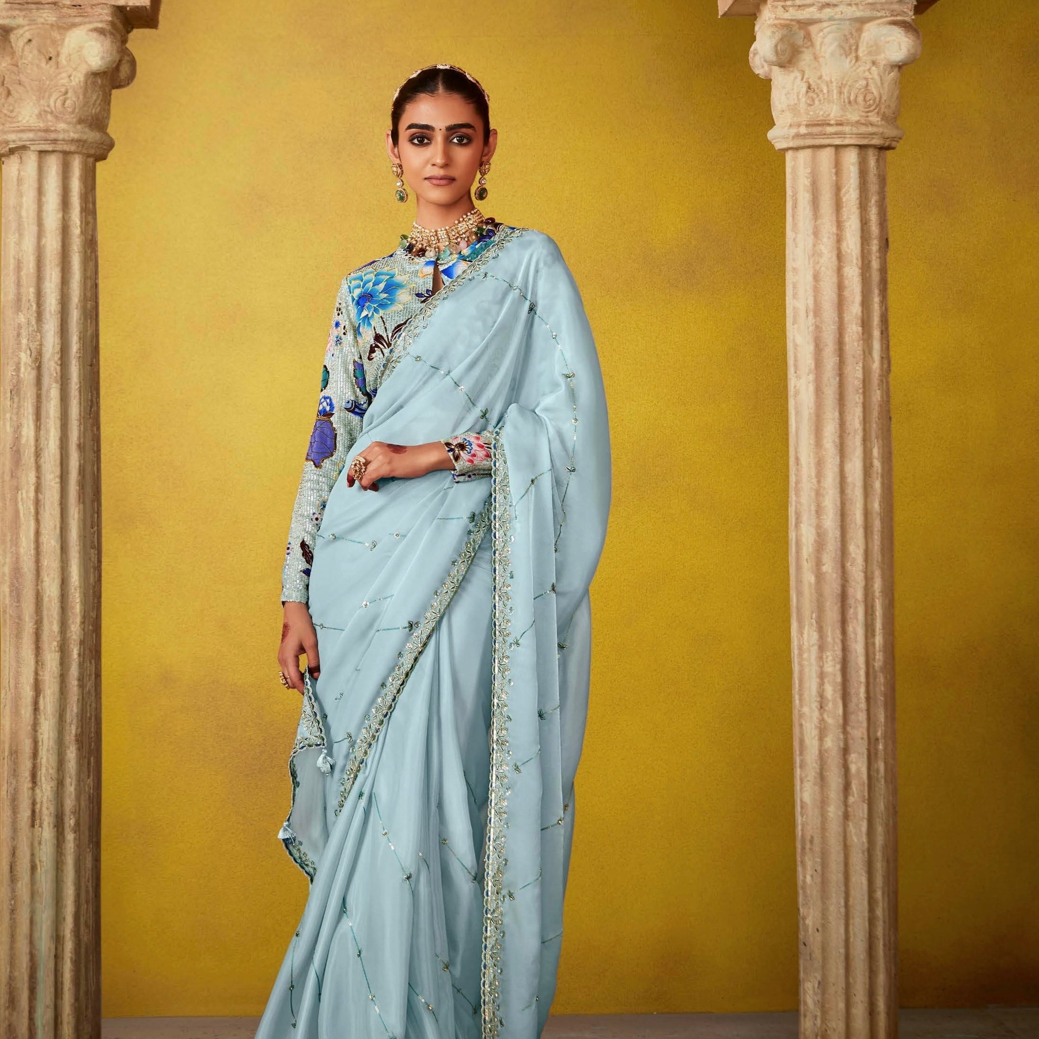 Sky Blue Glass Tissue Saree with Embroidery and Sequins