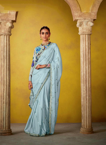 Sky Blue Glass Tissue Saree with Embroidery and Sequins