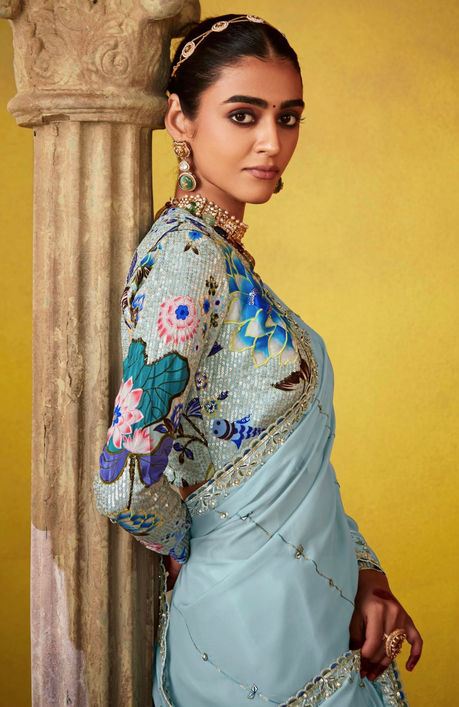 Sky Blue Glass Tissue Saree with Embroidery and Sequins