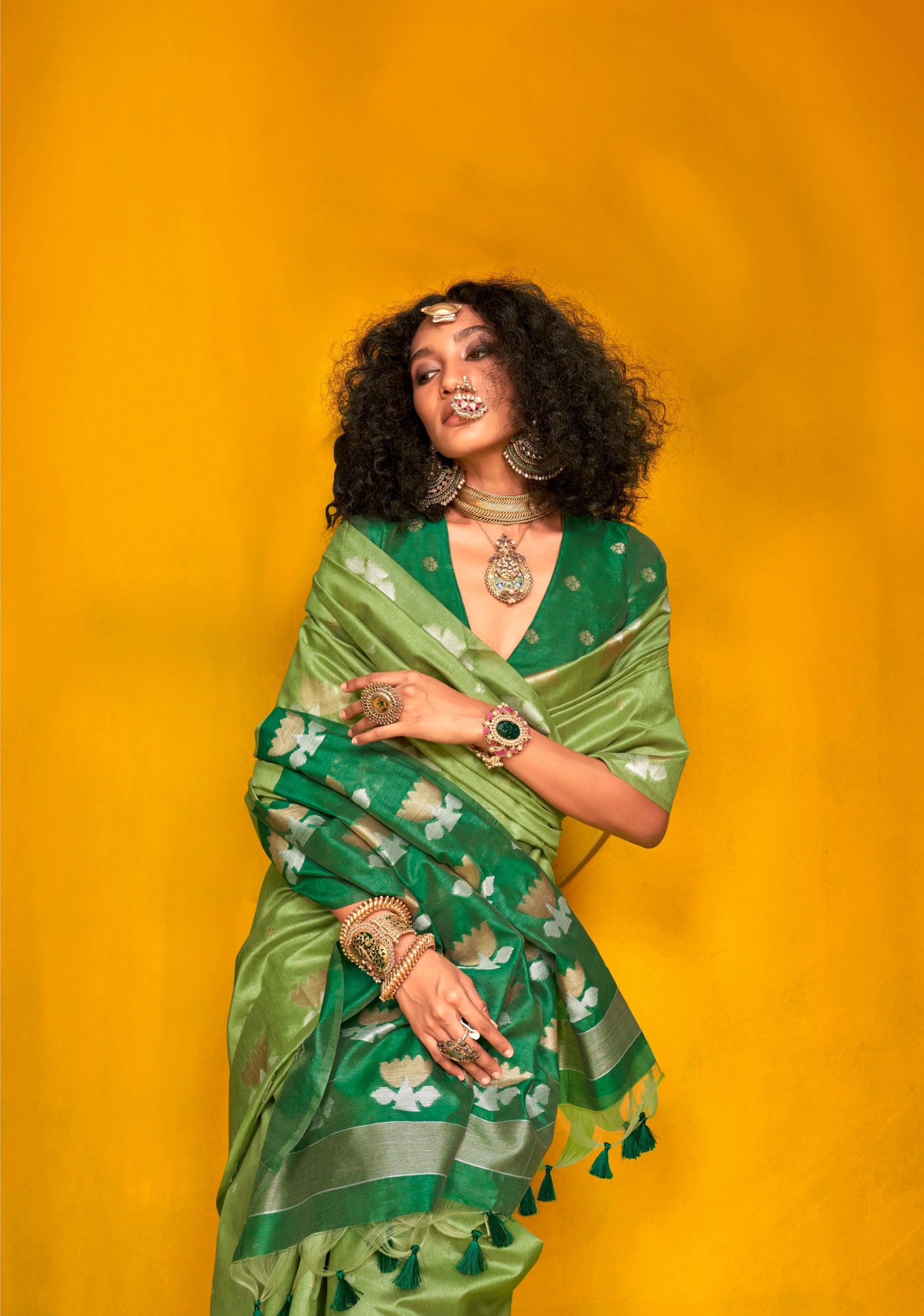 Green Handloom Tussar Silk Saree with Contrast Blouse