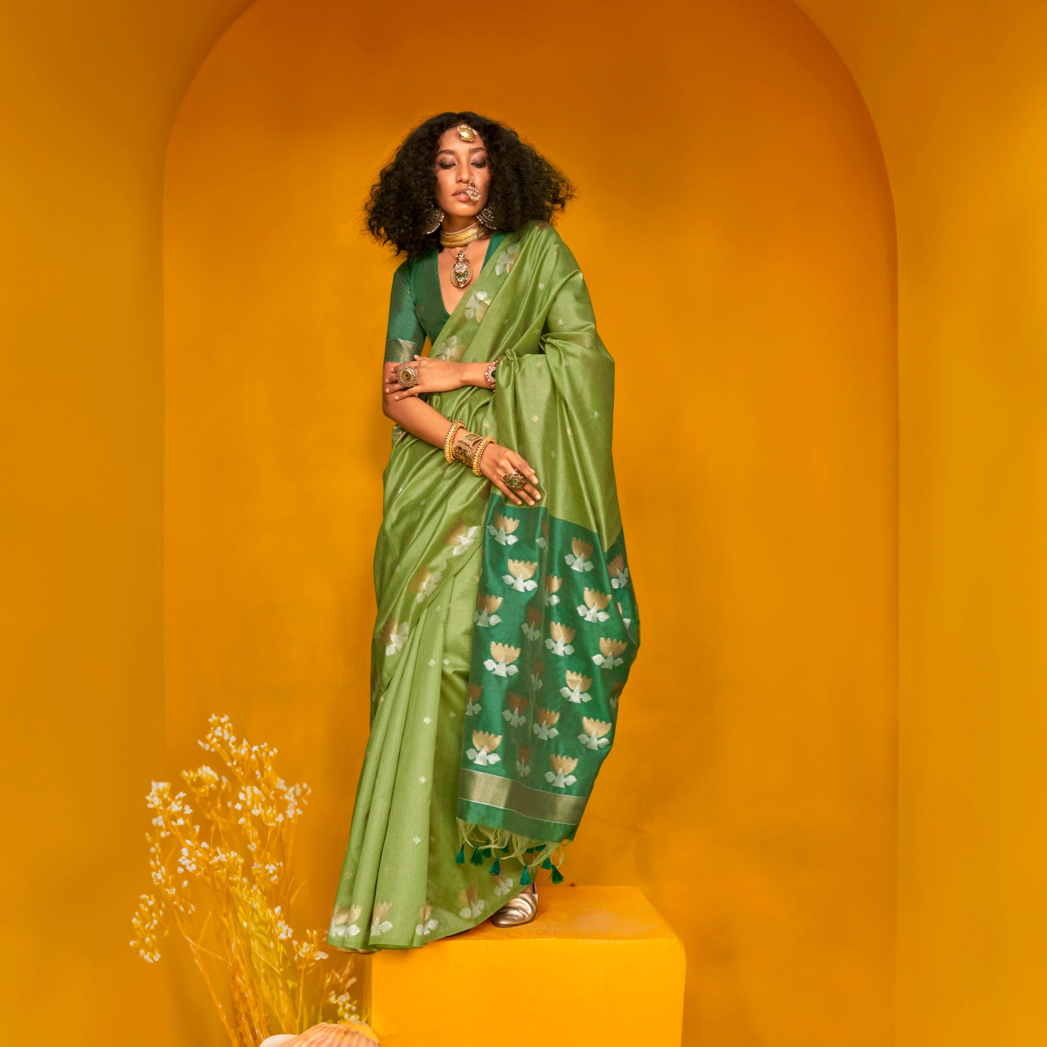 Green Handloom Tussar Silk Saree with Contrast Blouse