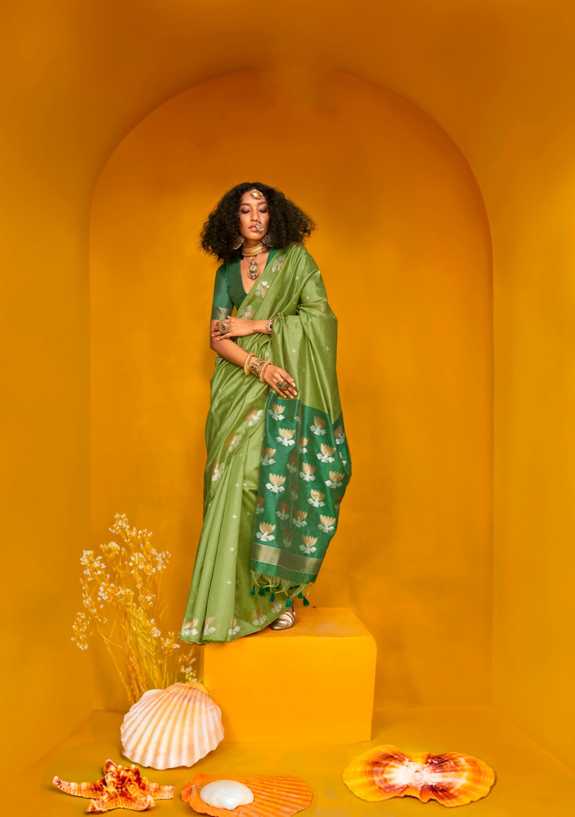 Green Handloom Tussar Silk Saree with Contrast Blouse