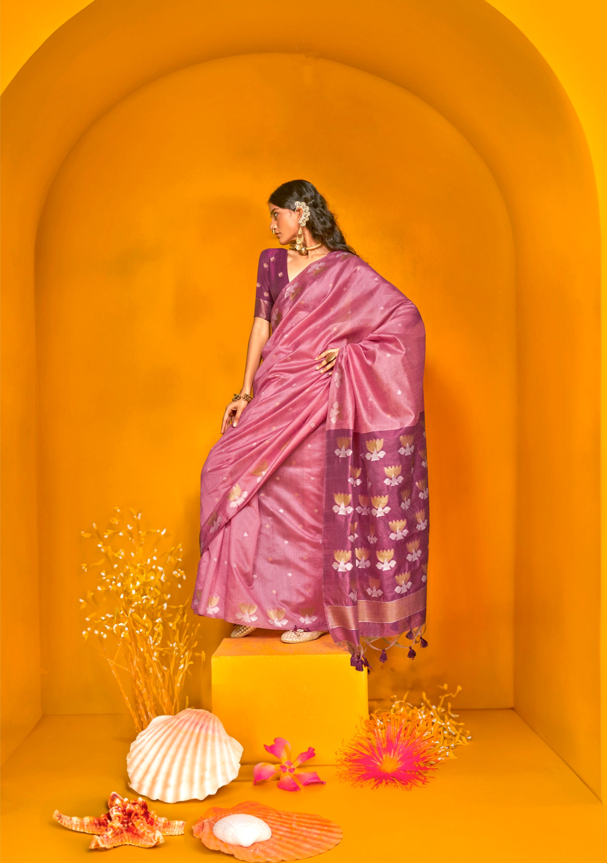 Pink Handloom Tussar Silk Saree with Contrasting Blouse