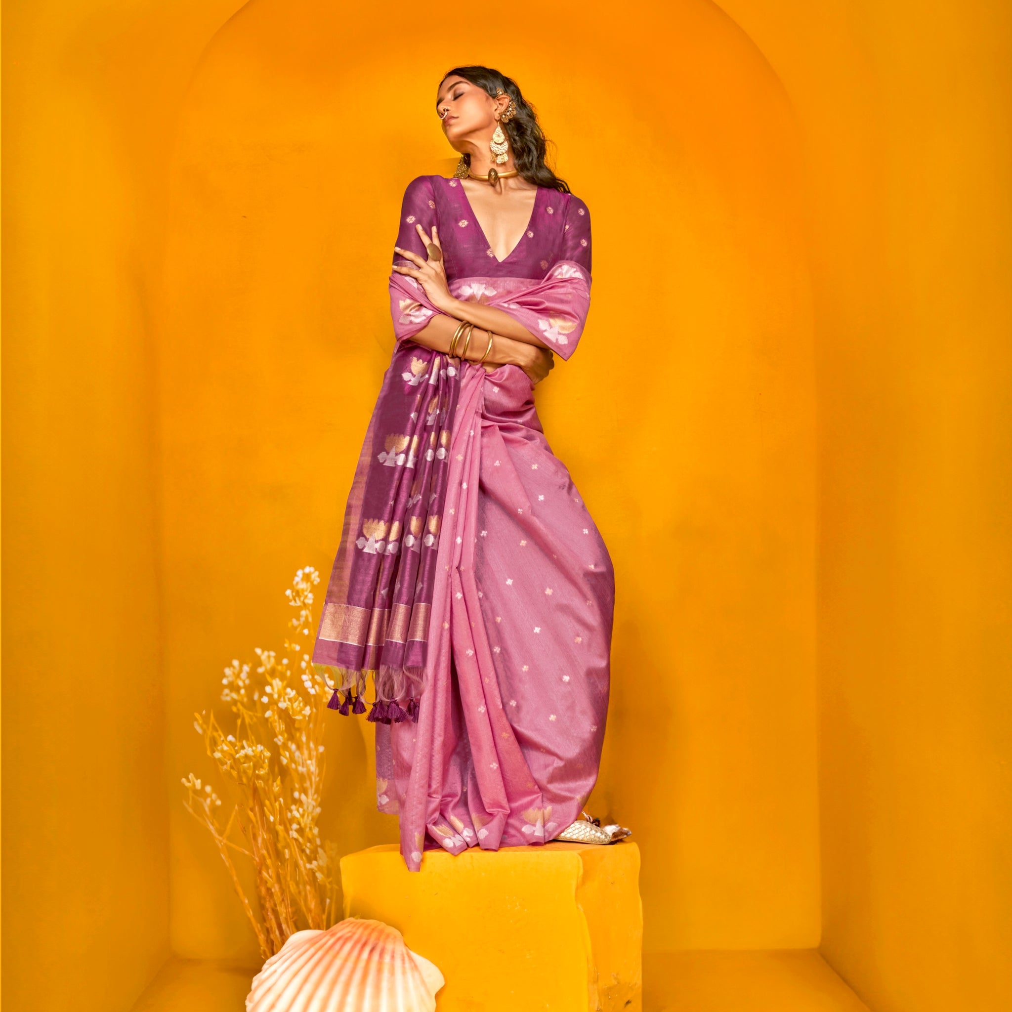 Pink Handloom Tussar Silk Saree with Contrasting Blouse