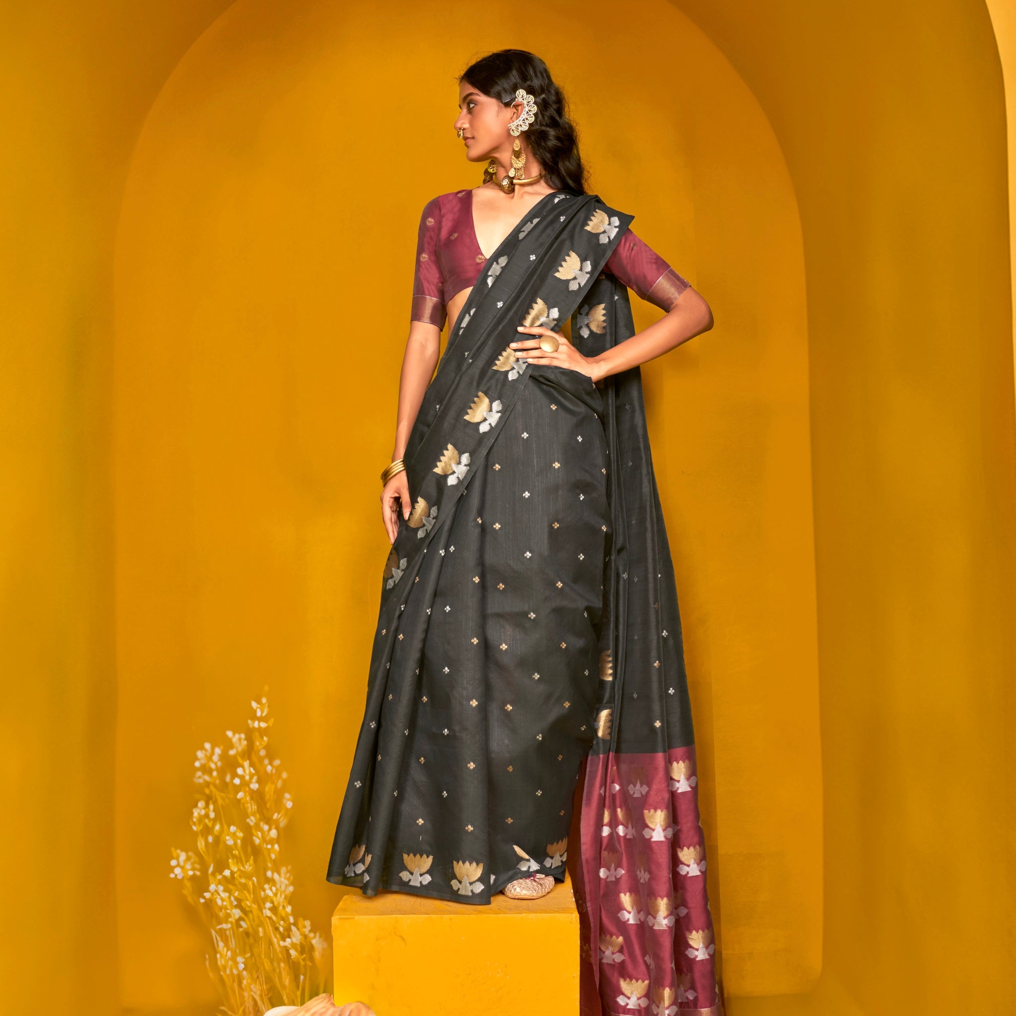 Black Handloom Tussar Silk Saree with Rich Woven Contrast Blouse