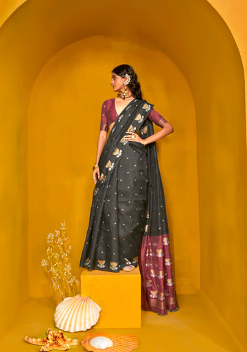 Black Handloom Tussar Silk Saree with Rich Woven Contrast Blouse