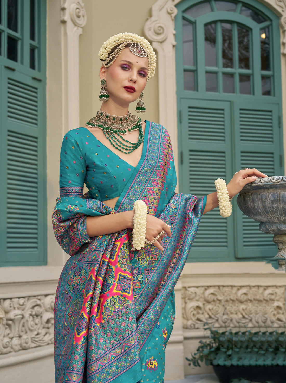 Teal Banarasi Silk Saree with Kashmiri Weaving and Meenakari Work