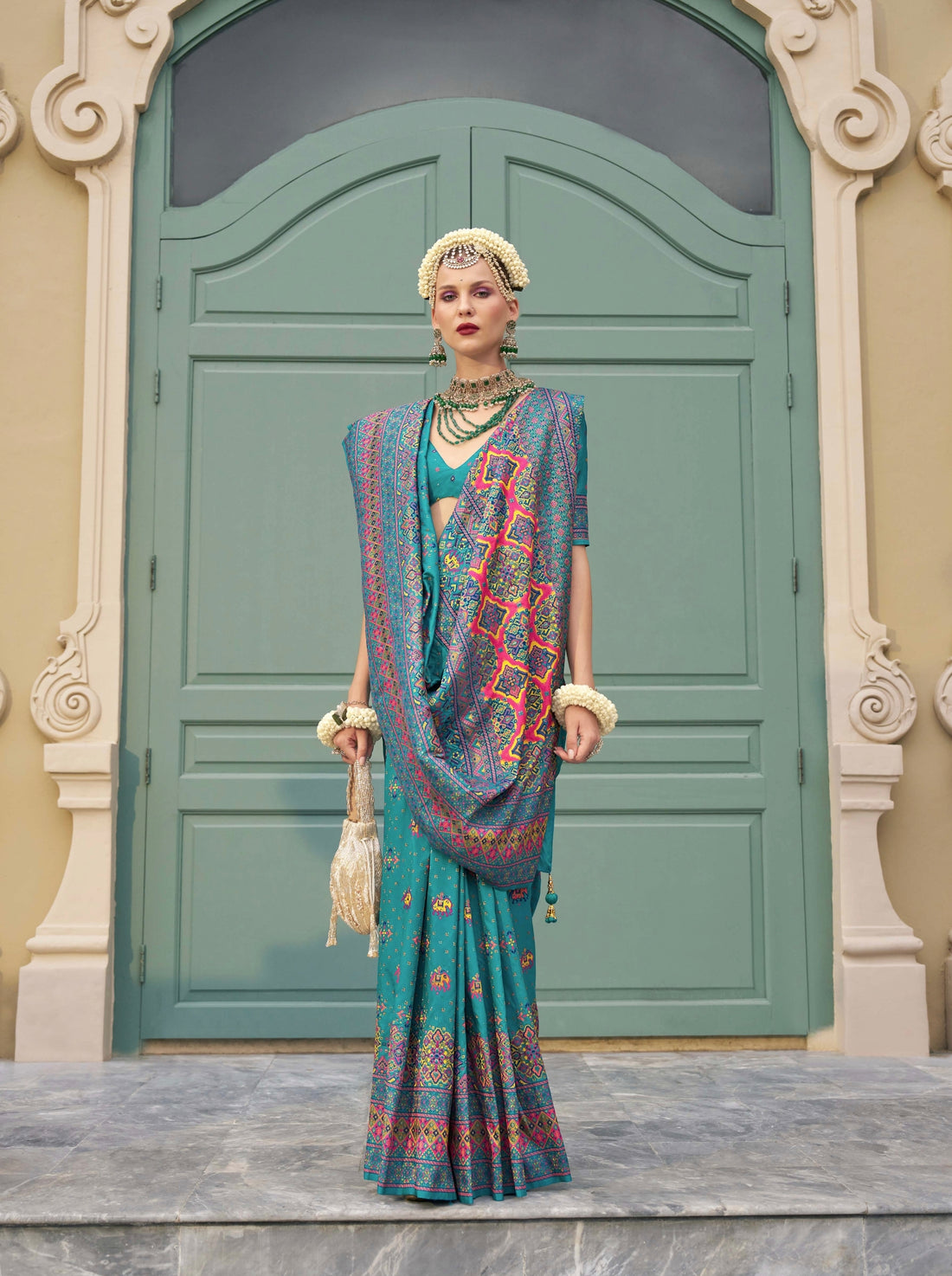 Teal Banarasi Silk Saree with Kashmiri Weaving and Meenakari Work