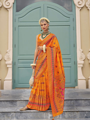 Orange Banarasi Silk Saree with Kashmiri Weaving and Meenakari Work