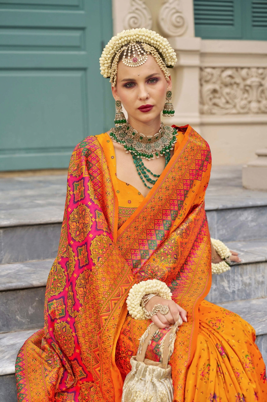 Orange Banarasi Silk Saree with Kashmiri Weaving and Meenakari Work