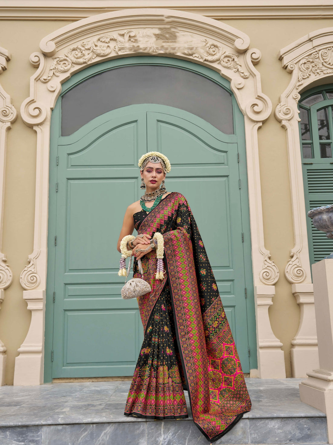 Black Banarasi Silk Saree with Kashmiri Weaving & Meenakari Accents