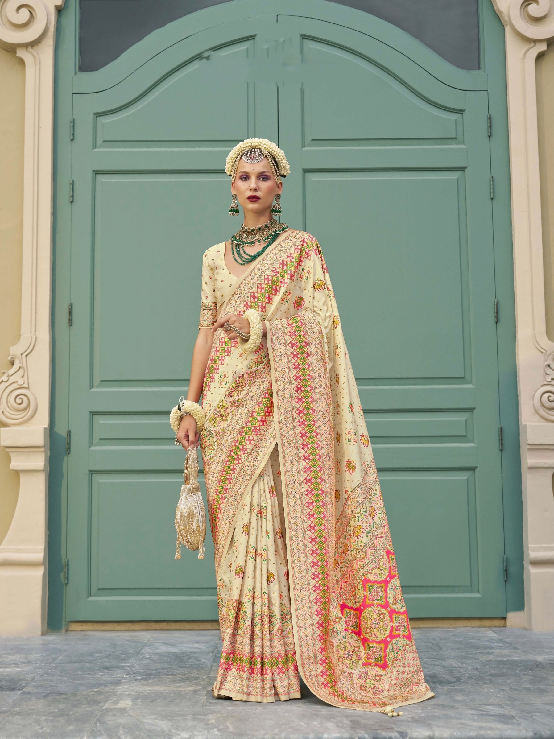 Cream Banarasi Silk Saree & Kashmiri Weaving & Meenakari Embellishment