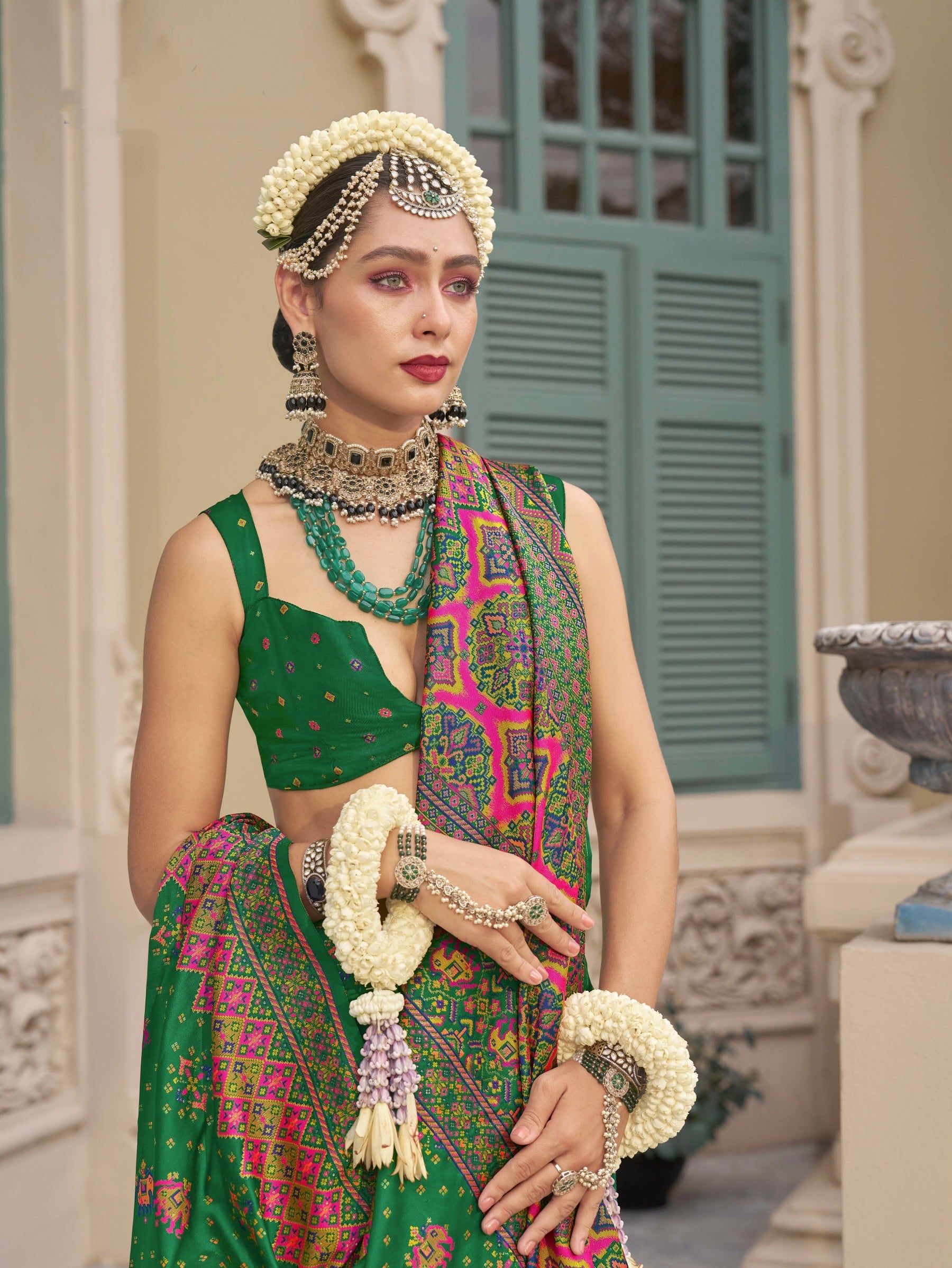 Green Banarasi Silk Saree with Kashmiri Weaving and Meenakari Details