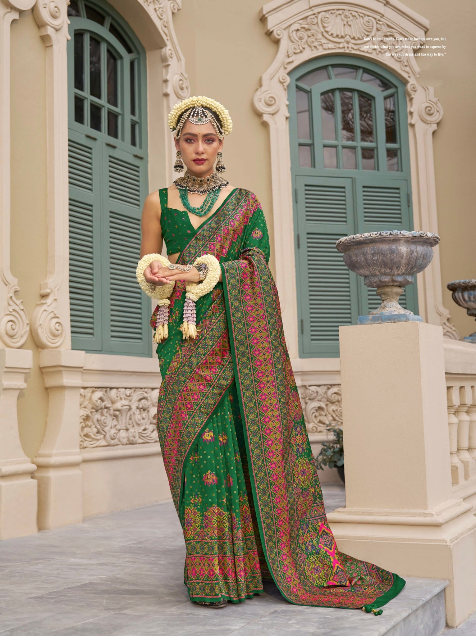 Green Banarasi Silk Saree with Kashmiri Weaving and Meenakari Details