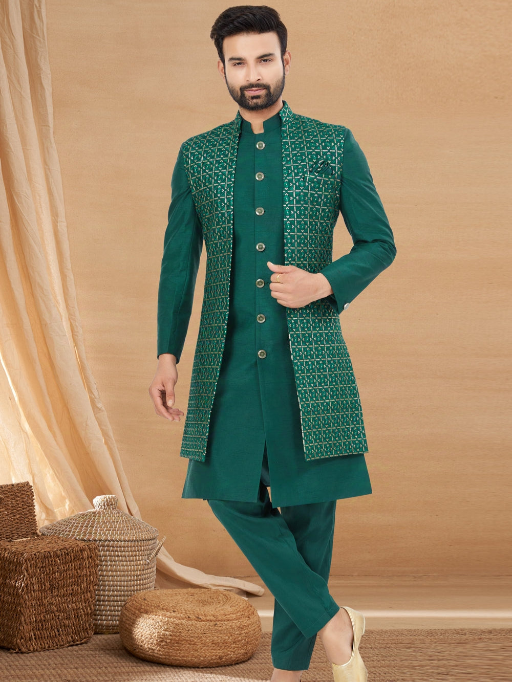 Dark Green Indo Western Jacket Kurta Set with Mirror & Sequins Work