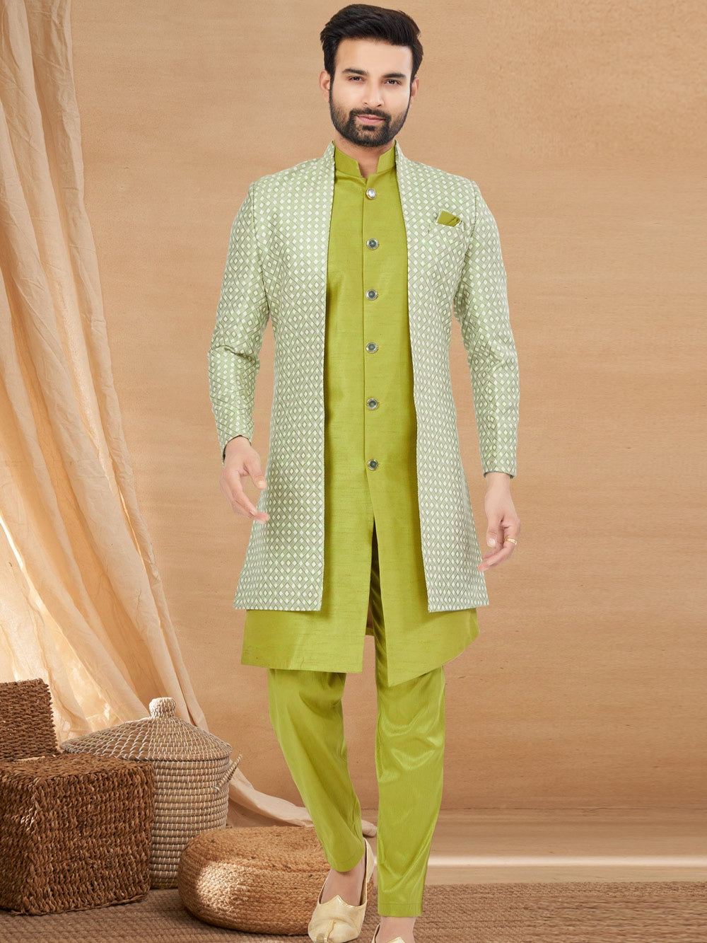 Lime Green Indo Western Jacket Kurta Set with Mirror & Sequins Work