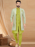 Lime Green Indo Western Jacket Kurta Set with Mirror & Sequins Work