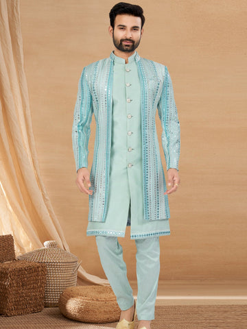 Sky Blue Indo Western Jacket Kurta Set with Mirror & Sequins Work