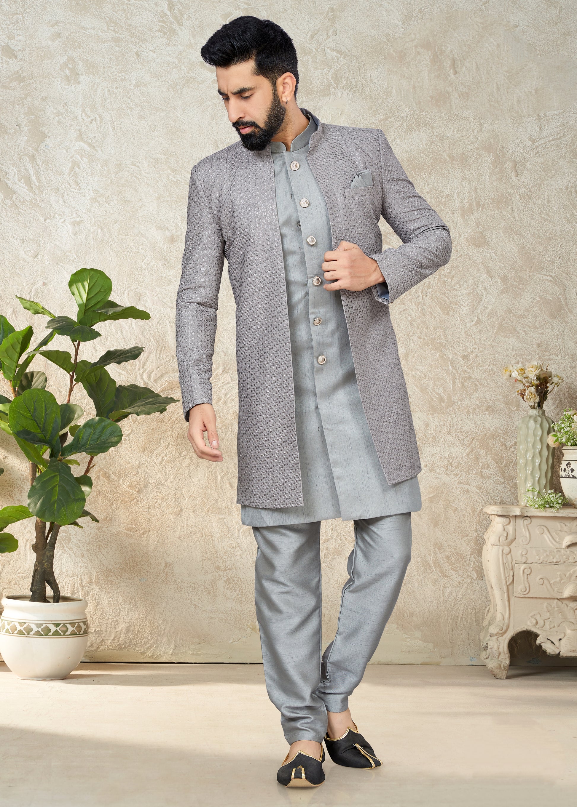 Grey Indo Western with Art Silk Kurta & Cotton Silk Embroidered Jacket