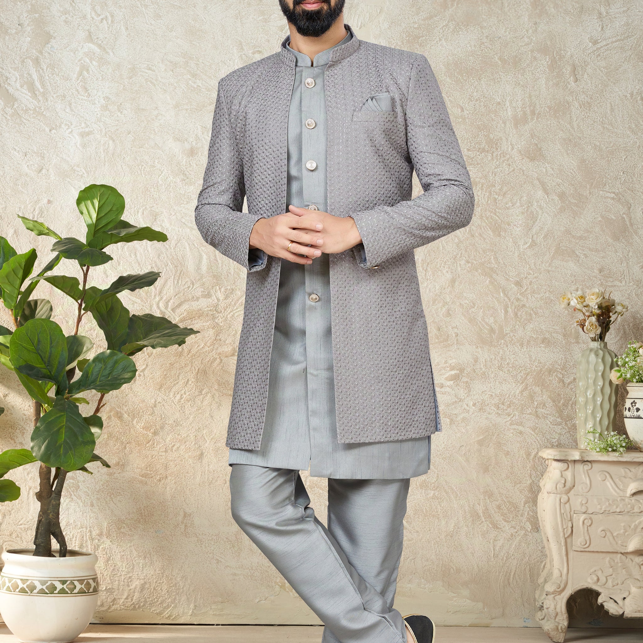 Grey Indo Western with Art Silk Kurta & Cotton Silk Embroidered Jacket