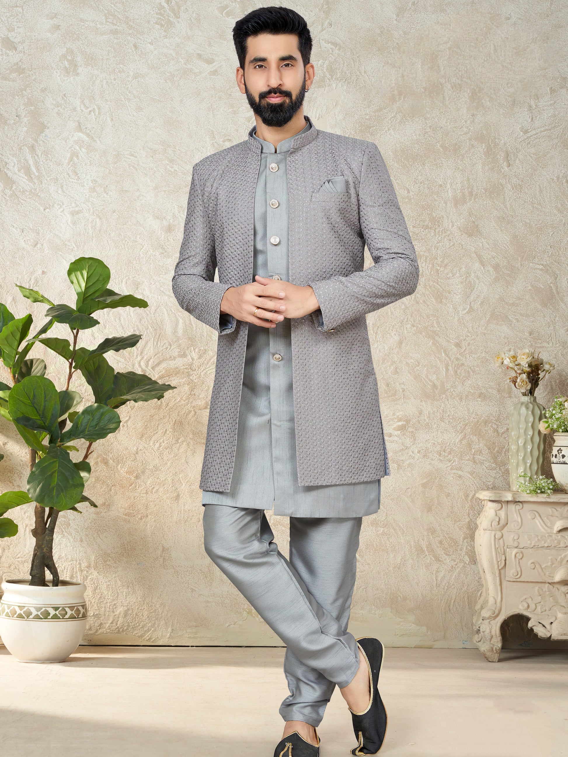 Grey Indo Western with Art Silk Kurta & Cotton Silk Embroidered Jacket